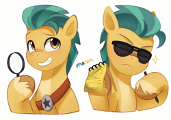 Size: 3801x2654 | Tagged: safe, artist:maren, hitch trailblazer, earth pony, pony, g5, my little pony: tell your tale, coat markings, duality, frown, good cop bad cop, grin, high res, magnifying glass, male, notepad, open mouth, open smile, simple background, smiling, socks (coat markings), solo, sparkles, stallion, sunglasses, white background