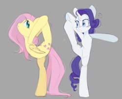 Size: 1200x975 | Tagged: safe, artist:melodylibris, fluttershy, rarity, pegasus, pony, unicorn, g4, blushing, duo, female, flexible, flustered, gray background, horn, looking at each other, looking at someone, simple background, splits, standing, standing on one leg, stretching, wings
