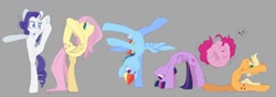 Size: 1200x421 | Tagged: safe, artist:melodylibris, applejack, fluttershy, pinkie pie, rainbow dash, rarity, twilight sparkle, alicorn, earth pony, pegasus, pony, unicorn, backbend, blushing, bridge stretch, cannonball, female, flexible, flustered, gray background, handstand, horn, mane six, simple background, smiling, splits, spread wings, standing, standing on one leg, straining, stretching, twilight sparkle (alicorn), upside down, wings