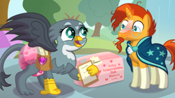 Size: 2800x1565 | Tagged: safe, artist:sweetielover, gabby, sunburst, griffon, pony, unicorn, g4, bag, blushing, countryside, diaper, diaper fetish, diaper package, duo, female, fetish, mail, mailbag, male, non-baby in diaper, outdoors, poofy diaper, school of friendship, tree, water, waterfall