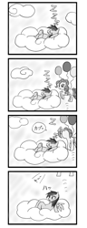 Size: 1075x2811 | Tagged: safe, artist:forest0816, pinkie pie, rainbow dash, earth pony, pegasus, pony, g4, balloon, cartoon physics, cloud, comic, duo, duo female, eating, eyes closed, female, floating, japanese, manga, monochrome, mouth hold, onomatopoeia, open mouth, pinkie being pinkie, pinkie physics, simple background, sky, sleeping, smiling, sound effects, speech bubble, then watch her balloons lift her up to the sky, waking up, white background, wings, zzz