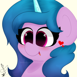 Size: 2000x2000 | Tagged: safe, artist:daftramms, izzy moonbow, pony, unicorn, g5, blushing, cute, fanart, female, heart, high res, izzybetes, mare, open mouth, open smile, simple background, smiling, solo, white background