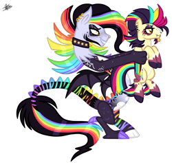 Size: 3787x3589 | Tagged: safe, artist:princessmoonsilver, oc, oc:cosmic mayhem, oc:lightning spark, draconequus, pegasus, pony, draconequus oc, ear piercing, high res, multicolored hair, nose piercing, piercing, rainbow hair, rainbow tail, reference used, simple background, tail, transparent background