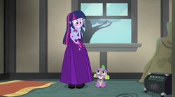 Size: 1280x714 | Tagged: safe, artist:starman1999, edit, edited screencap, screencap, spike, twilight sparkle, dog, human, equestria girls, g4, my little pony equestria girls: rainbow rocks, adorable face, clothes, cute, grin, long skirt, nervous, nervous smile, skirt, smiling, spike the dog, twilight sparkle (alicorn)