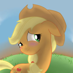 Size: 3000x3000 | Tagged: safe, artist:reinbou, applejack, earth pony, pony, g4, applejack's hat, bashful, blushing, cowboy hat, cute, hat, high res, jackabetes, looking away, simple background, solo