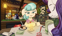 Size: 5600x3300 | Tagged: safe, artist:template93, coco pommel, neigh sayer, rarity, oc, oc:saphie, oc:template, g4, absurd resolution, bag, bench, blushing, brick wall, building, cafe, cake, candle, chewing, city, clothes, digital art, door, drink, eating, fire, floppy ears, food, grass, happy, hat, light, manehattan, menu, napkin, night, perspective, plant, plate, relaxing, sandwich, shirt, stars, steam, table, tree, window