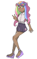 Size: 758x1200 | Tagged: safe, artist:metaruscarlet, derpibooru exclusive, oc, oc only, oc:moonlight flutters, human, blushing, clothes, dark skin, eyeshadow, feet, floral head wreath, flower, heterochromia, humanized, humanized oc, makeup, multicolored hair, peace sign, rainbow hair, sandals, shirt, simple background, skirt, sleeveless, solo, transparent background