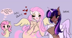 Size: 4096x2178 | Tagged: safe, artist:pops0dx, fluttershy, twilight sparkle, alicorn, human, g4, dilf, exclamation point, heart, horn, humanized, ikr, implied discoshy, implied shipping, implied straight, male, thought bubble, twilight sparkle (alicorn), wings, wow