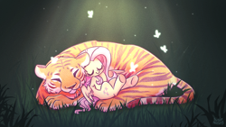 Size: 1920x1080 | Tagged: safe, artist:sugar morning, fluttershy, big cat, butterfly, pegasus, pony, tiger, commission, crepuscular rays, curled up, cute, duo, eyes closed, female, grass, hooves to the chest, lying down, mare, night, partially open wings, shyabetes, sleeping, smiling, wings