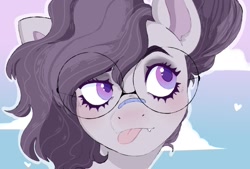 Size: 955x644 | Tagged: safe, artist:woollyart, oc, oc only, oc:vylet, pegasus, pony, bandaid, bandaid on nose, bust, fangs, glasses, portrait, solo, tongue out