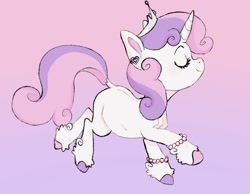 Size: 1032x800 | Tagged: safe, artist:woollyart, sweetie belle, pony, unicorn, g4, bracelet, cute, diasweetes, dock, ear piercing, eyes closed, female, filly, foal, gradient background, jewelry, piercing, smiling, solo, tail, tiara, unshorn fetlocks