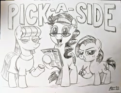 Size: 2048x1573 | Tagged: safe, artist:mellodillo, babs seed, boulder (g4), maud pie, oc, oc:front page, earth pony, pony, unicorn, g4, glasses, grayscale, grin, hoof hold, looking at you, monochrome, newspaper, open mouth, open smile, pencil drawing, rock, scissors, smiling, smiling at you, splatoon, splatoon 3, traditional art