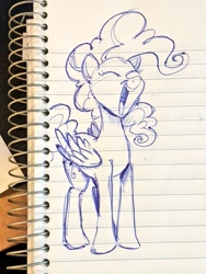 Size: 768x1024 | Tagged: safe, artist:mellodillo, pinkie pie, pegasus, pony, g4, cute, diapinkes, eyes closed, female, happy, lined paper, mare, monochrome, open mouth, open smile, pen drawing, race swap, smiling, solo, traditional art