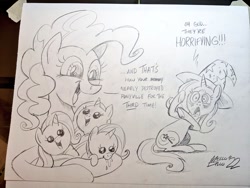 Size: 1024x768 | Tagged: safe, artist:mellodillo, pinkie pie, trixie, oc, earth pony, pony, unicorn, g4, baby, baby pony, cute, dialogue, drool, female, filly, foal, grayscale, holding a pony, lesbian, magical lesbian spawn, mare, monochrome, offspring, open mouth, open smile, parent:trixie, pencil drawing, shipping, sitting, smiling, traditional art, triplets