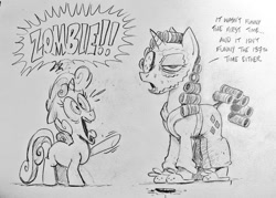 Size: 1024x735 | Tagged: safe, artist:mellodillo, rarity, sweetie belle, pony, unicorn, bathrobe, bunny slippers, clothes, cucumber, duo, female, filly, foal, food, grayscale, hair curlers, mare, monochrome, mud mask, pencil drawing, raised hoof, rarity is not amused, robe, screaming, siblings, sisters, slippers, traditional art, unamused