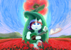 Size: 2715x1920 | Tagged: artist needed, safe, pony, unicorn, bow, female, flower, flower field, flower in hair, guitar, mare, musical instrument, sky, smiling, solo, unnamed character, unnamed pony