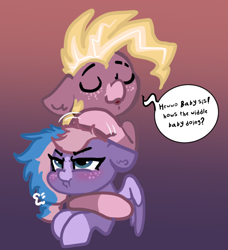 Size: 726x796 | Tagged: safe, artist:nootaz, oc, oc only, oc:may mache, oc:speed paint, pegasus, pony, blushing, breath, dialogue, duo, eyes closed, freckles, frustrated, noogie, pegasus oc, scrunchy face, unamused