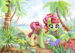 Size: 1685x1200 | Tagged: safe, artist:maytee, oc, oc only, earth pony, pony, bag, commission, flower, not tree hugger, ocean, palm tree, saddle bag, ship, solo, traditional art, tree, water