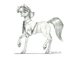 Size: 1400x1140 | Tagged: safe, artist:baron engel, oc, oc only, oc:softheart, earth pony, pony, roan rpg, clothes, grayscale, looking at you, monochrome, pencil drawing, sergeant, simple background, smiling, smiling at you, solo, traditional art, uniform, white background