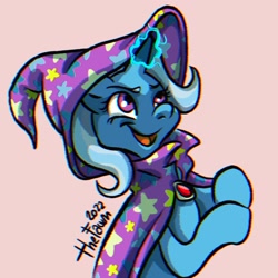 Size: 1920x1920 | Tagged: safe, artist:ilcerbiastrello, trixie, pony, unicorn, g4, beige background, brooch, cape, clothes, female, gem, glowing, glowing horn, hat, horn, jewelry, mare, signature, simple background, solo, trixie's cape, trixie's hat