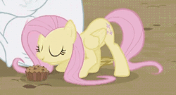 Size: 434x234 | Tagged: safe, screencap, bulk biceps, fluttershy, pegasus, pony, g4, rainbow falls, season 4, animated, apple brown betty (food), cute, duo, duo male and female, eating, eyes closed, face down ass up, female, female focus, folded wings, food, gif, male, mare, offscreen character, offscreen male, puffy cheeks, shyabetes, sitting, solo focus, stallion, vein, wings