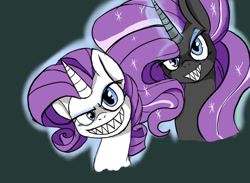 Size: 800x587 | Tagged: safe, artist:a.s.e, nightmare rarity, rarity, pony, unicorn, g4, bust, evil rarity, female, glowing, glowing horn, grin, horn, looking at you, mare, portrait, sharp teeth, simple background, smiling, sproutity, teeth