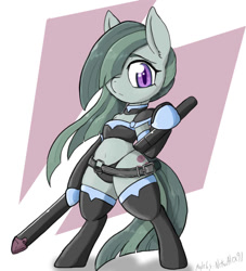 Size: 726x800 | Tagged: safe, artist:a.s.e, marble pie, earth pony, pony, semi-anthro, g4, arm hooves, belly button, bra, bra on pony, clothes, female, hair over one eye, hoof hold, looking at you, mare, panties, simple background, socks, solo, sports bra, stockings, thigh highs, underwear, white background