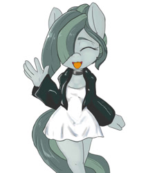 Size: 726x800 | Tagged: safe, artist:a.s.e, marble pie, earth pony, anthro, g4, clothes, eyes closed, female, hair over one eye, jacket, leather, leather jacket, mare, open mouth, open smile, simple background, smiling, solo, white background