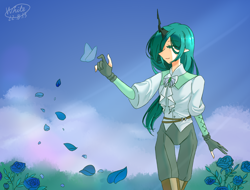 Size: 4096x3112 | Tagged: safe, artist:白乌鸦之翼, queen chrysalis, butterfly, changeling, changeling queen, human, g4, blue rose, clothes, cloud, elf ears, female, flower, horn, horned humanization, humanized, lidded eyes, outdoors, pants, petals, rose, sky, smiling, solo, wind