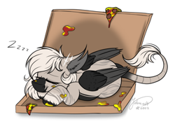 Size: 3256x2306 | Tagged: safe, artist:julunis14, oc, oc only, oc:devilvoice, bat pony, pony, bat pony oc, ear piercing, female, food, high res, leonine tail, mare, piercing, pizza, pizza box, simple background, sleeping, solo, tail, white background