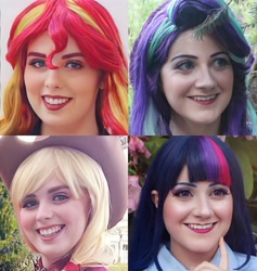 Size: 3876x4086 | Tagged: safe, artist:maddymoiselle, artist:sarahndipity cosplay, applejack, starlight glimmer, sunset shimmer, twilight sparkle, human, equestria girls, g4, babscon, babscon 2019, clothes, cosplay, costume, everfree northwest, everfree northwest 2019, grin, irl, irl human, photo, smiling