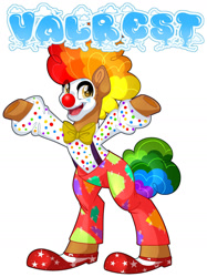 Size: 1280x1707 | Tagged: safe, artist:missbramblemele, oc, earth pony, pony, bipedal, clown, clown makeup, clown nose, clown wig, rainbow wig, red nose, simple background, solo, white background