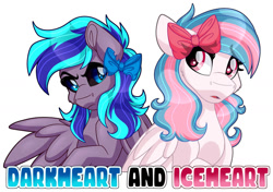 Size: 1280x901 | Tagged: safe, artist:missbramblemele, oc, oc only, oc:darkheart, oc:iceheart, pegasus, pony, black sclera, duo, duo female, eye clipping through hair, eyebrows, eyebrows visible through hair, female, folded wings, frown, mare, one wing out, open mouth, pegasus oc, simple background, white background, wings