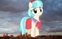Size: 1555x985 | Tagged: safe, artist:90sigma, artist:thegiantponyfan, coco pommel, earth pony, pony, g4, bag, female, giant pony, giant/macro coco pommel, giant/macro earth pony, giant/mega coco pommel, giantess, highrise ponies, irl, macro, mare, mega giant, photo, ponies in real life, providence, rhode island, saddle bag