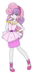 Size: 938x2048 | Tagged: safe, alternate version, artist:batipin, part of a set, sweetie belle, human, equestria girls, g4, my little pony equestria girls: better together, clothes, clothes swap, eye clipping through hair, eyebrows, eyebrows visible through hair, female, looking at you, rarity peplum dress, simple background, smiling, smiling at you, solo, white background