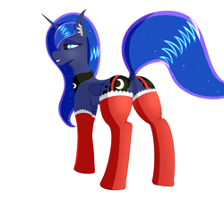 Size: 3072x2717 | Tagged: safe, artist:drakang, princess luna, alicorn, pony, g4, abstract background, butt, clothes, dock, female, garter belt, garter straps, high res, lip bite, mare, moonbutt, plot, princess, simple background, smiling, socks, solo, stockings, tail, thigh highs, white background