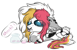 Size: 1540x998 | Tagged: safe, artist:beamybutt, oc, oc only, pegasus, pony, :p, commission, ear fluff, ear piercing, earring, eye clipping through hair, jar, jewelry, lying down, mochi, nose piercing, nose ring, pegasus oc, piercing, prone, simple background, solo, talking, tongue out, transparent background, wings, ych result