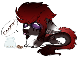Size: 1417x1029 | Tagged: safe, artist:beamybutt, oc, oc only, pegasus, pony, :p, commission, cookie, cookie jar, ear fluff, food, jar, lying down, pegasus oc, prone, simple background, solo, talking, tongue out, transparent background, wings, ych result