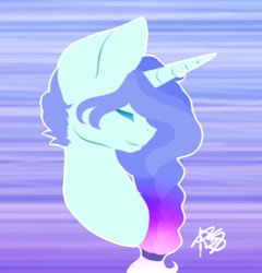Size: 466x485 | Tagged: safe, artist:prettyshinegp, oc, oc only, pony, unicorn, abstract background, bust, eyes closed, female, horn, mare, signature, solo, unicorn oc