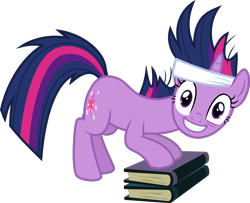 Size: 1932x1565 | Tagged: safe, artist:sollace, derpibooru exclusive, twilight sparkle, pony, unicorn, g4, it's about time, .svg available, alternate hairstyle, bandage, book, eye twitch, face down ass up, female, insanity, looking at you, mare, messy mane, raised tail, simple background, smiling, solo, svg, tail, teeth, tired, transparent background, twilight snapple, twilynanas, unicon, unicorn twilight, vector
