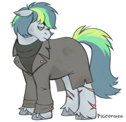 Size: 760x733 | Tagged: safe, artist:pigeorgien, oc, oc only, oc:springmarine gulfstream, earth pony, pony, undead, clothes, draft horse, female, jacket, mare, multicolored hair, scar, simple background, solo, sweater, unshorn fetlocks, white background