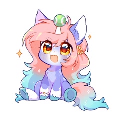 Size: 612x651 | Tagged: safe, artist:dreamsugar, oc, oc only, pony, unicorn, :3, amazed, ball, blue coat, bracelet, chest fluff, chibi, coat markings, colored hooves, colored pinnae, cute, ear fluff, eye clipping through hair, facial markings, female, full body, gradient mane, gradient tail, horn, hornball, jewelry, looking at something, looking up, mare, open mouth, pale belly, simple background, sitting, snip (coat marking), socks (coat markings), solo, star (coat marking), star mark, tail, tennis ball, unshorn fetlocks, white background, white horn, wide eyes