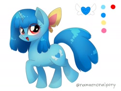 Size: 2006x1515 | Tagged: safe, artist:namaenonaipony, oc, oc only, oc:aqua twinkie, pony, unicorn, cutie mark, eye clipping through hair, female, horn, looking at you, mare, open mouth, raised hoof, raised leg, reference sheet, simple background, solo, white background