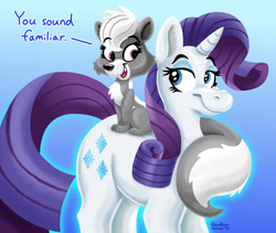 Size: 1280x1082 | Tagged: safe, artist:ceruleanazura, rarity, pony, skunk, unicorn, g4, animal, blue background, crossover, cute, female, littlest pet shop, looking at each other, looking at someone, pepper clark, simple background, sitting on pony, smiling, tabitha st. germain, text, voice actor joke