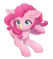 Size: 3021x3402 | Tagged: safe, artist:dos_towel, pinkie pie, butterfly, earth pony, pony, g4, butterfly on nose, female, floppy ears, high res, insect on nose, looking at something, lying down, mare, prone, signature, simple background, solo, white background