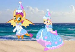 Size: 1384x969 | Tagged: safe, artist:boogeyboy1, megan williams, smolder, dragon, human, g4, beach, beautiful, bow, clothes, crossover, cute, dragoness, dress, duo, duo female, female, froufrou glittery lacy outfit, gloves, hair bow, happy, hat, hennin, long gloves, looking at each other, looking at someone, megandorable, ocean, pretty, princess, princess smolder, puffy sleeves, sand, smiling, smiling at each other, smolderbetes, water