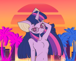 Size: 2777x2245 | Tagged: safe, artist:toxix kitkat, twilight sparkle, unicorn, anthro, abstract background, adorasexy, arm behind head, belly button, chest fluff, cute, female, glasses, palm tree, retro, retrowave, sexy, solo, synthwave, tree, unicorn twilight