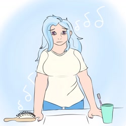 Size: 1619x1619 | Tagged: safe, artist:japaw, trixie, human, g4, bathroom, breasts, brush, busty trixie, clothes, cup, female, hairbrush, humanized, messy hair, music notes, pants, shirt, sink, solo, t-shirt, toothbrush