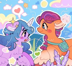 Size: 1284x1180 | Tagged: safe, artist:bland__boy, izzy moonbow, sunny starscout, butterfly, earth pony, pony, unicorn, g5, bag, bracelet, cloud, duo, duo female, female, floppy ears, grass, heart, horn, jewelry, looking at each other, looking at someone, love, mare, necklace, open mouth, profile, saddle bag, sparkles, speech bubble, sun