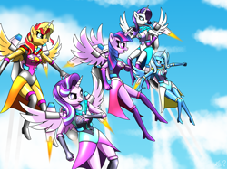 Size: 2582x1930 | Tagged: safe, artist:questionmarkdragon, rarity, starlight glimmer, sunset shimmer, trixie, twilight sparkle, alicorn, anthro, g4, alicornified, clothes, determined look, flying, jetpack, leotard, race swap, raricorn, ready to fight, shimmercorn, sky, sky background, starlicorn, trixiecorn, twilight sparkle (alicorn)